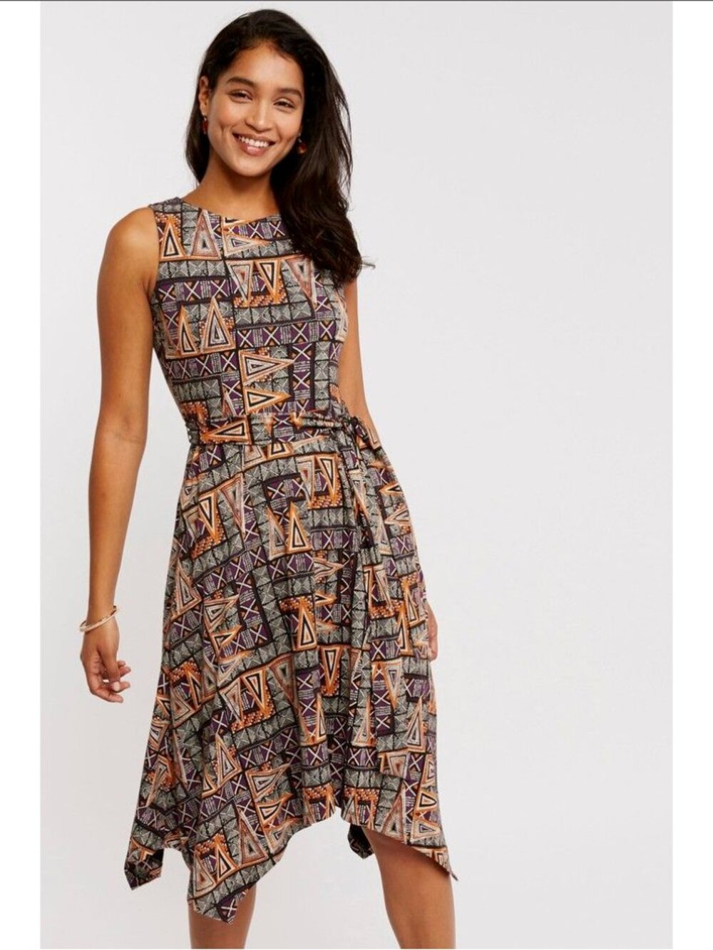 FatFace Dress US 8 Purple Orange Geometric Sleeveless Asymmetric Hem